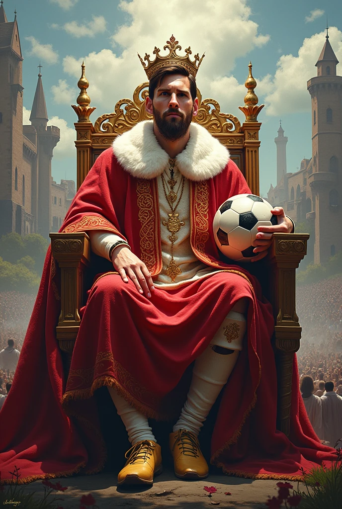 Messi as a king sitting with his hingdom a football in his hand