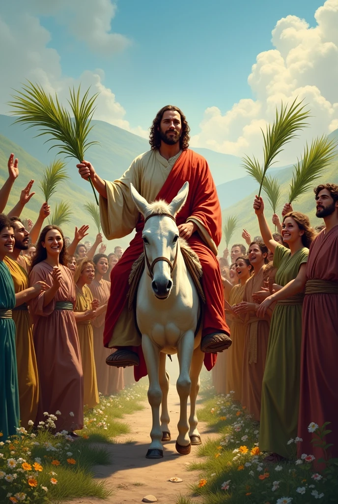 Jesus riding a donkey with people around with branches and happy