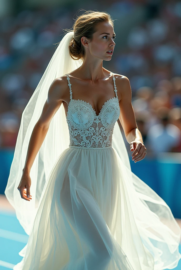 A bride in a wedding dress competes in an Olympic event. She is wearing a beautiful, flowing white wedding gown with intricate lace details, her veil flying behind her as she runs, jumps, or swims with determination. The scene is set in an Olympic stadium, with a cheering crowd in the background, capturing the juxtaposition of elegance and athleticism. The bride is mid-action, showing her strength and focus, with her dress slightly catching the wind. The lighting is bright, highlighting both the athletic intensity and the delicate beauty of the wedding dress