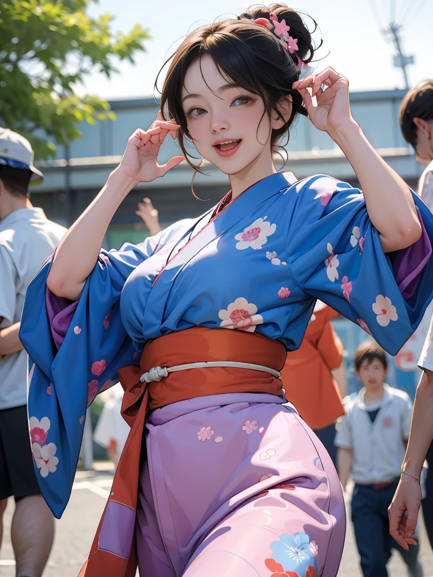 (Japan Bon Odori,最高masterpiece,Highest quality), Hot August,Bright vibrant anime art,People of all ages and genders dance and dance, Dancing in yukata,Dancing with laughter, Men and women, let's dance in a circle, dancing hero,Laugh Laugh,Dance Dance,Dancing in the square,Tokyo Marunouchi Station Square,masterpiece,Highest quality,High resolution,