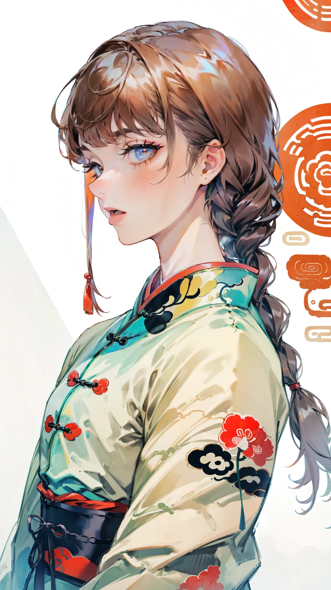 Realistic, masterpiece, Highest quality, Highest Resolution, Anatomically correct, Accurate Anatomy, 7 heads, Height: 165cm, One Japanese woman, profile, Staring at the audience, Smiling with an open mouth, Staring at the audience, Fine and beautiful eyes, Sparkling eyes, Thin eyebrows, Gives lashes a delicate finish, False eyelashes, (Chinese traditional makeup:1.2), (Dumpling+Braided hair, Blunt bangs, Brown Hair:1.2), Detailed face, Sharp Eyes, (Traditional Chinese Dress, Clothes that fit snugly to the body, Random Color:1.3), Upper body photo, Background like ink painting