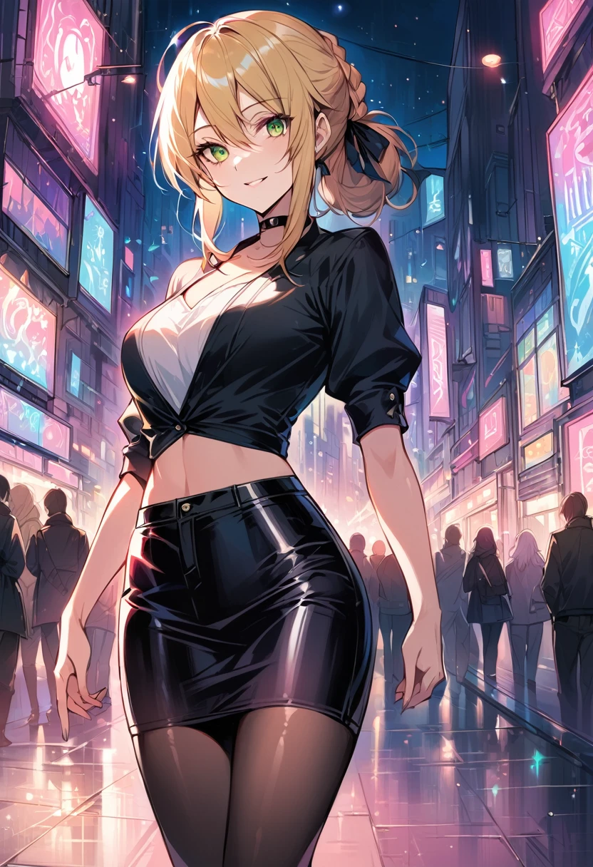 score_9, score_8_up, score_7_up, score_6_up, rating_safe, source_anime, BREAK beautiful Artoria Pendragon (blonde, braid, ribbon, hair ribbon:1.2), sexy smirk, BREAK tight leather skirt, wrap blouse, high heels, choker, BREAK walking in downtown Tokyo, neon lights, Extremely detailed Artgerm, Artgerm on ArtStation Pixiv, BREAK Epic light novel art cover, gorgeous female, trending on artstation pixiv, BREAK midnight, full moon, shallow depth of field, BREAK highly detailed, bokeh, moody, epic, gorgeous, grainy, BREAK (ultra-detailed), (best illustration), (best shadow), (absurdres), (detailed background), (very aesthetic), three quarter shot, (rear view:1.3).