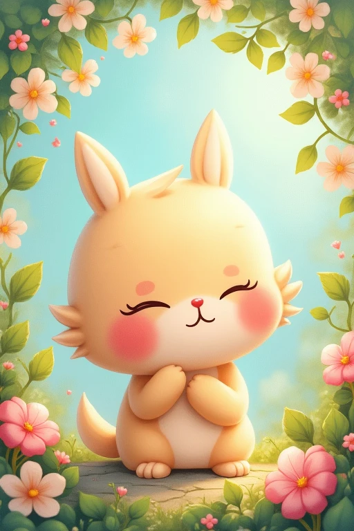 A cute  is smiling with her eyes closed and putting her hand to her ear, listening carefully。Flowers and leaves are dancing around it.。Soft lines drawn with pastels