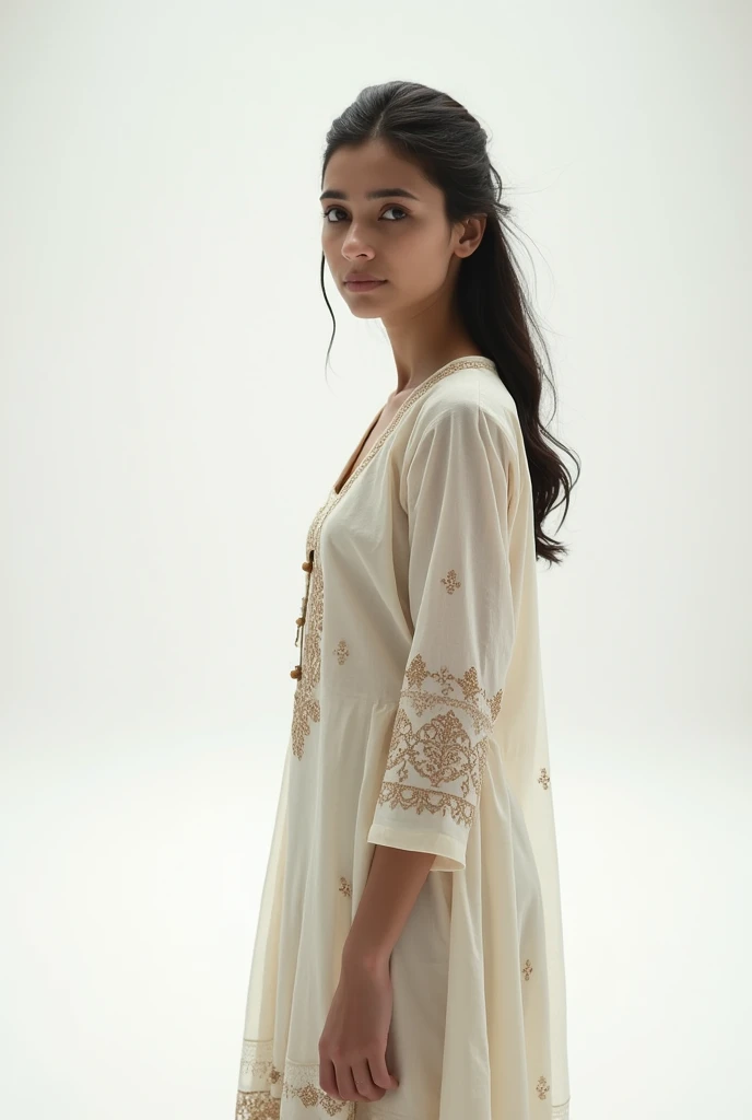 A girl wear kurta and stand far away from camera and he background is white she see in camera