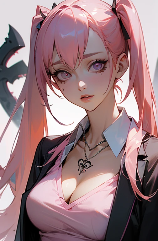 Cool women、sexy、Center of chest、Rize from Chainsaw Man、beauty、Yandere、、Face close-up、Kiss with your eyes closed、Chest tattoo、Christian Dior Necklace、(Background white)、(Twin tails)、((Pink Hair))