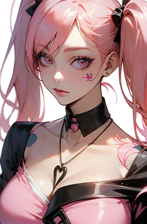 Cool women、sexy、Center of chest、Rize from Chainsaw Man、beauty、Yandere、、Face close-up、Kiss with your eyes closed、Chest tattoo、Christian Dior Necklace、(Background white)、(Twin tails)、((Pink Hair))