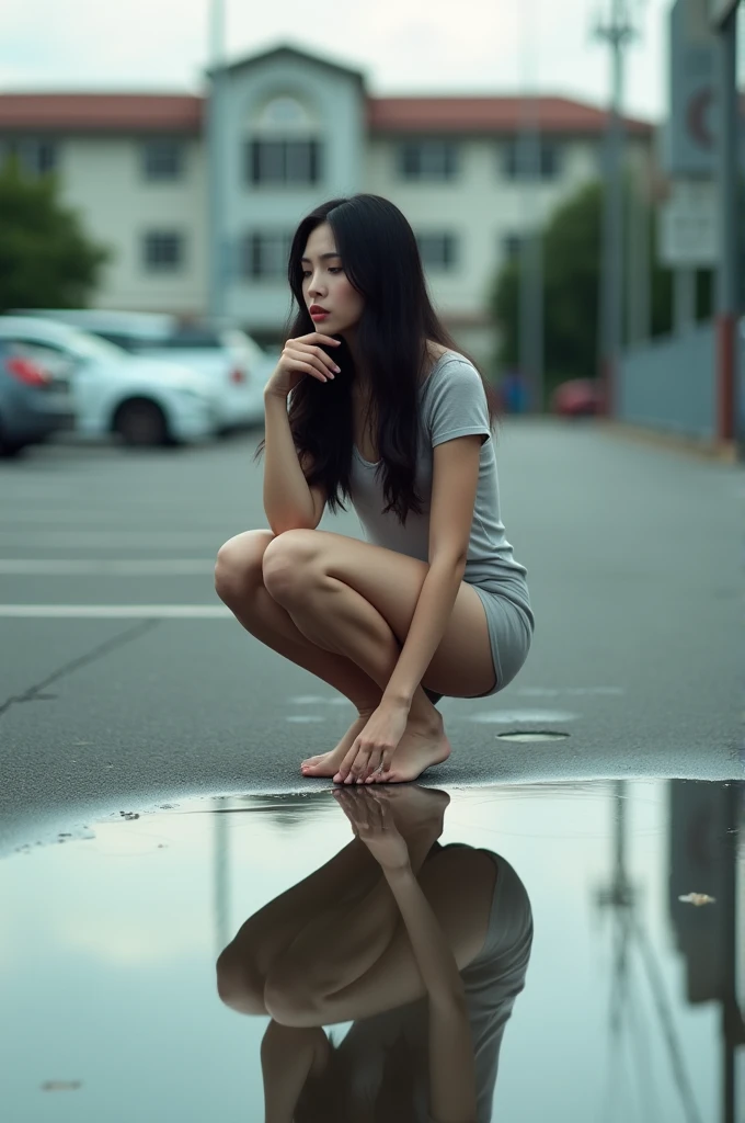 This photo shows a long-haired Thai woman squatting in a parking lot with her reflection in the water.