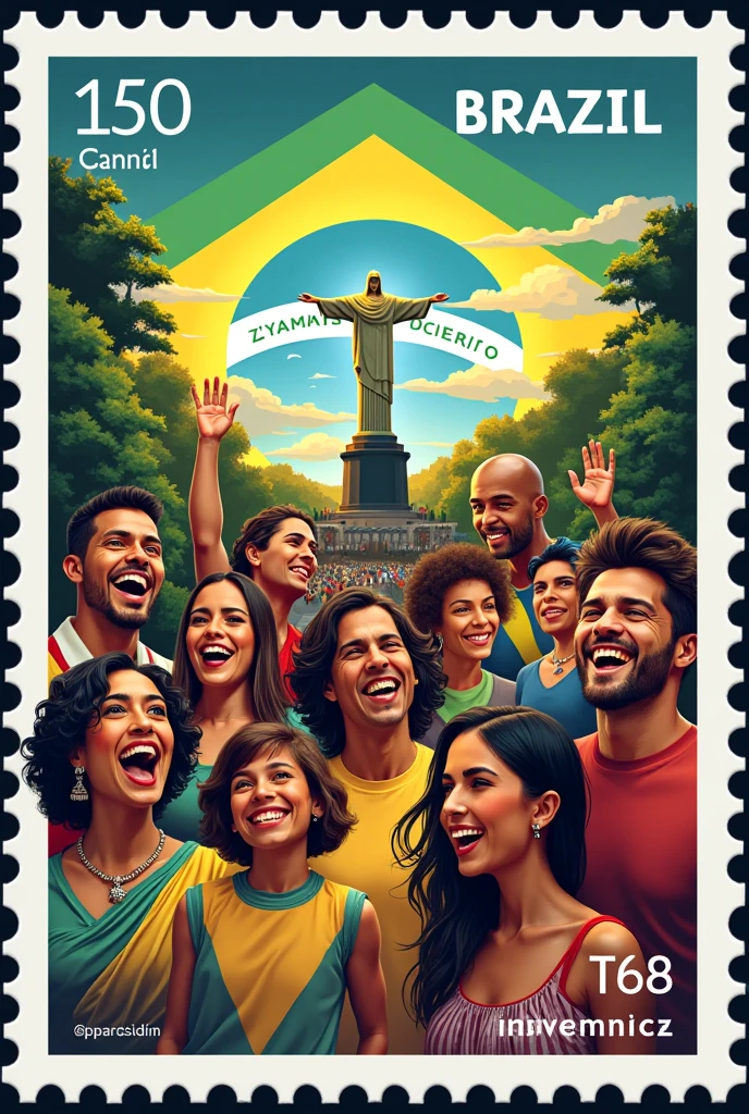 Create a postage stamp with an image of Brazil's independence with the Brazilian people
