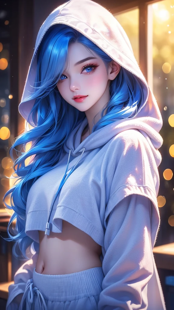a girl with beautiful detailed eyes, beautiful detailed lips, extremely detailed face, long eyelashes, white hoodie, white sweatpants, red top, belly, makeup, loving look, flirty smile, long silky blue hair, best quality, 4k, 8k, highres, masterpiece:1.2, ultra-detailed, realistic, photorealistic:1.37, HDR, UHD, studio lighting, ultra-fine painting, sharp focus, physically-based rendering, extreme detail description, professional, vivid colors, bokeh, portraits