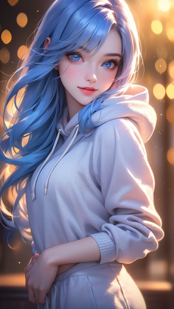 a girl with beautiful detailed eyes, beautiful detailed lips, extremely detailed face, long eyelashes, white hoodie, white sweatpants, red top, belly, makeup, loving look, flirty smile, long silky blue hair, best quality, 4k, 8k, highres, masterpiece:1.2, ultra-detailed, realistic, photorealistic:1.37, HDR, UHD, studio lighting, ultra-fine painting, sharp focus, physically-based rendering, extreme detail description, professional, vivid colors, bokeh, portraits