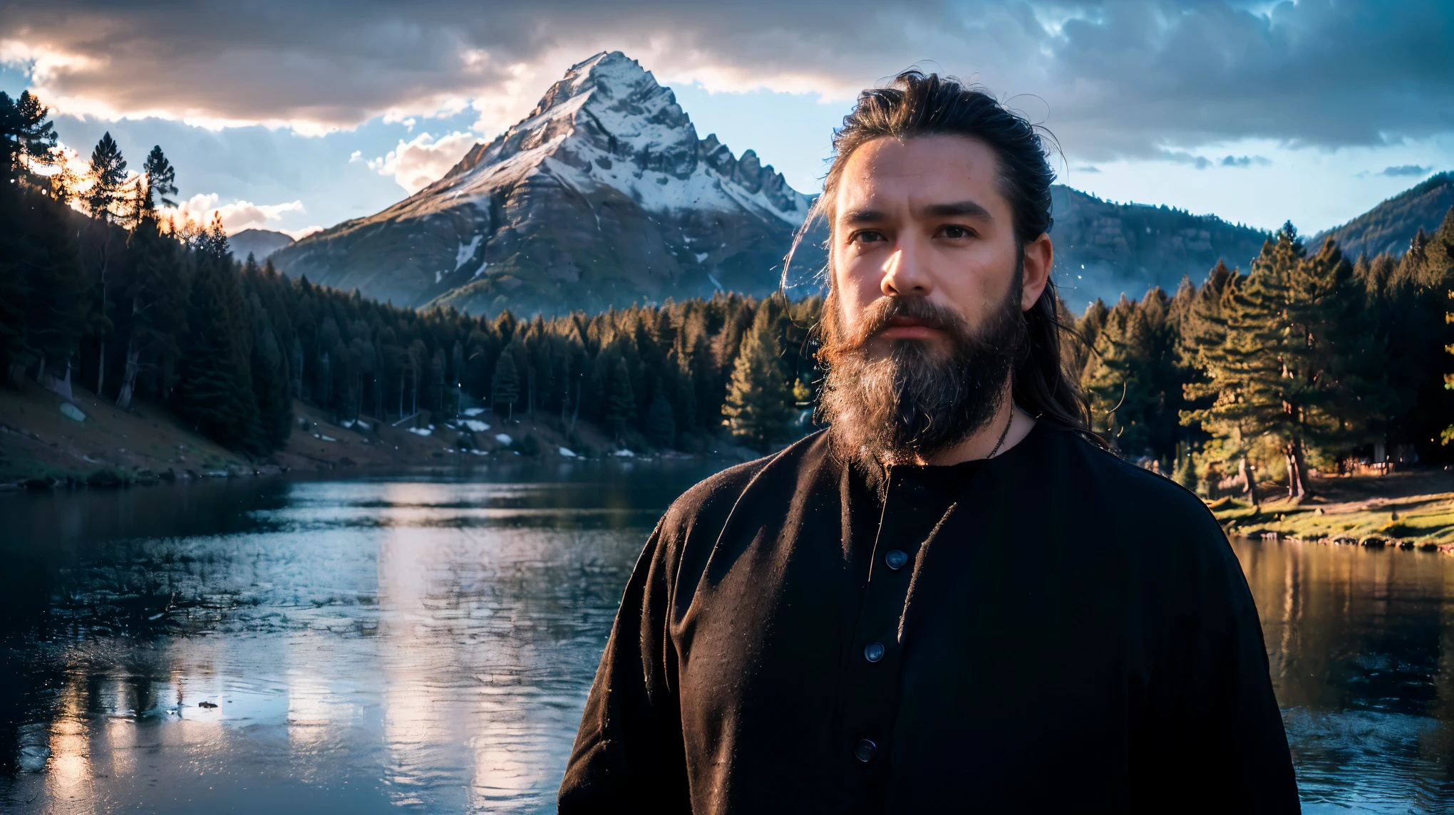 Man with brown hair, 40 years old, ((Viking beard), (((Upper body portrait, Happy)), nature, mountain lakes, (((Cloudy weather)), ((Late Afternoon)), ((Black clothes), Pine trees at the foot of the mountain, Cold clothes, Realistic lighting, Realistic Shadows, Ultra-realistic, Realistic, 8k, Full HD
