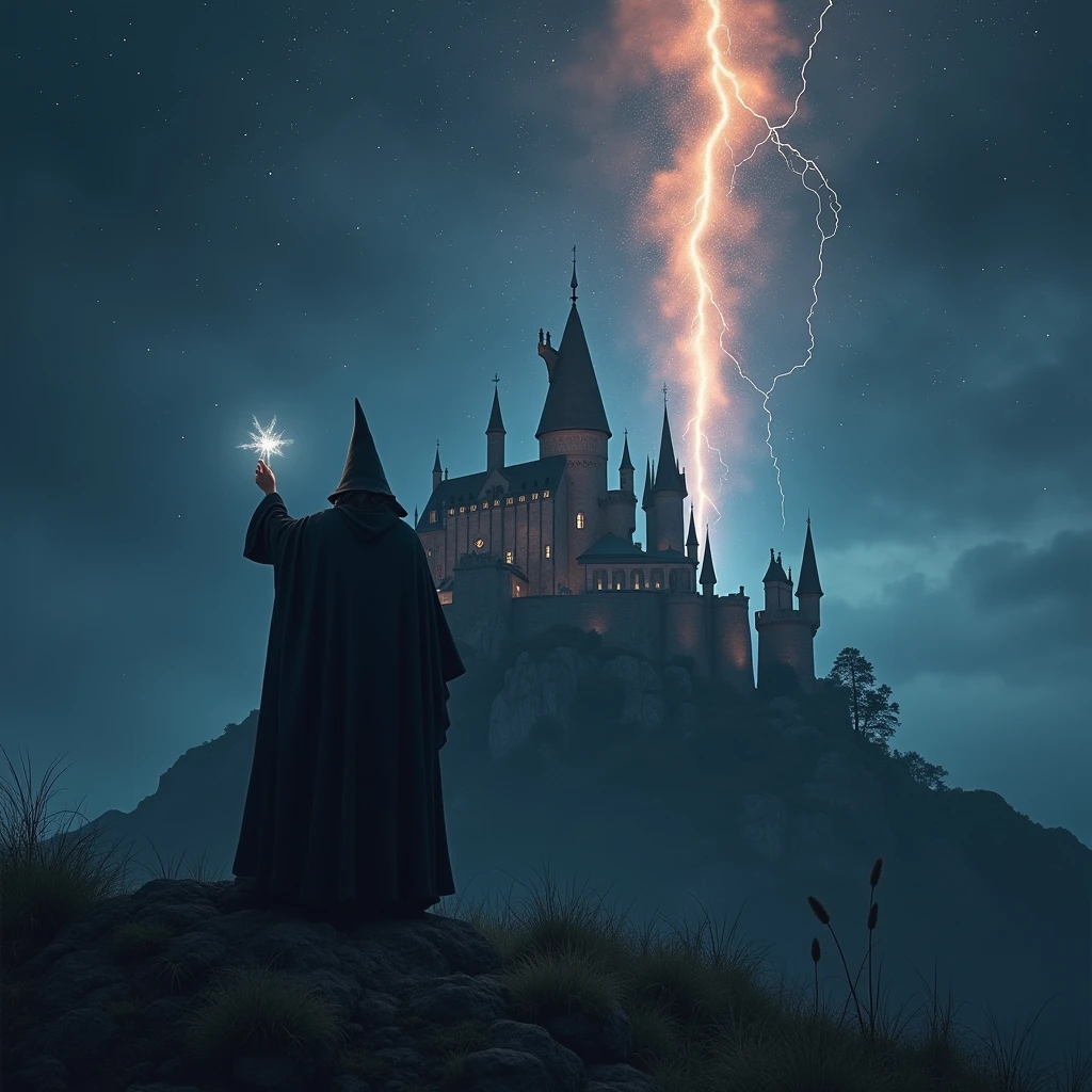  meteor strike to the castle, a wizard raise his hand on the hill,