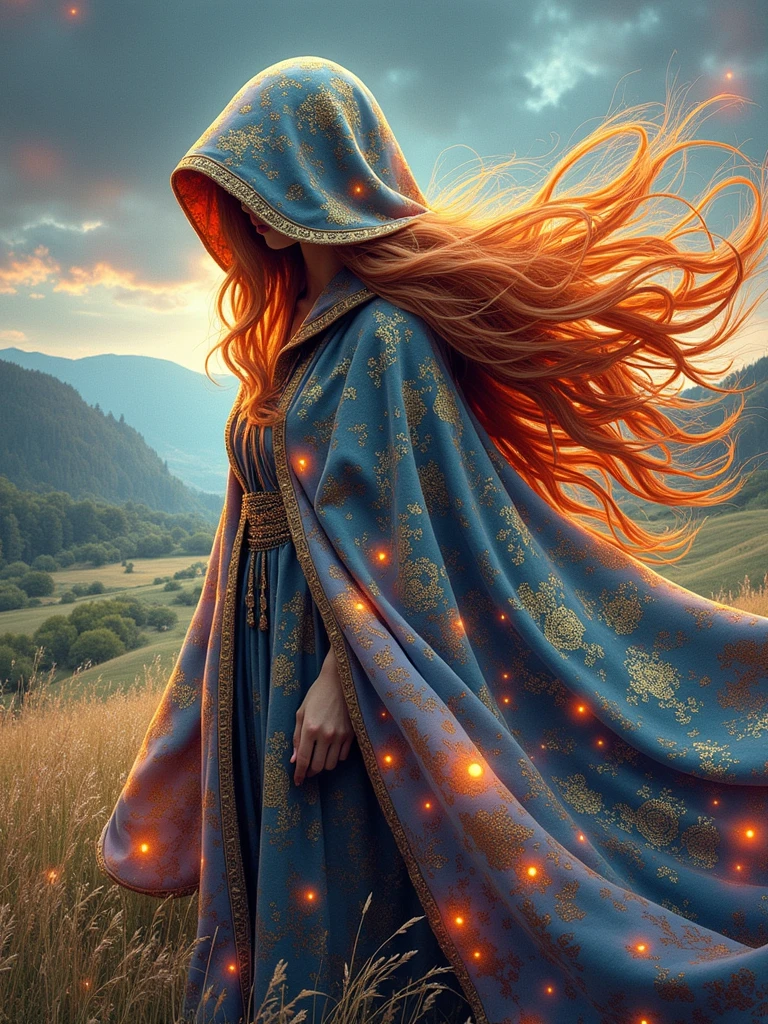 A figure draped in a mysterious, flowy cloak that is adorned with intricate patterns and designs stands as the centerpiece of this image. The figure's identity is hidden beneath the hood of the cloak, magnifying the sense of mystery. The cloak is imbued with vibrant, luminescent colors that seem to glow against the serene landscape background, creating an image that looks like an animated masterpiece. Contrasting colors and textures give a sense of intrigue and wonder. A dreamlike landscape frames the figure; its ethereal quality intertwining magic and enchantment. The figure has long, windswept orange hair, adding to the scene's dynamic movement as if stirred by a gentle breeze. This composition is inspired by fantasy art and surrealism, making it a compelling feast for the eyes.