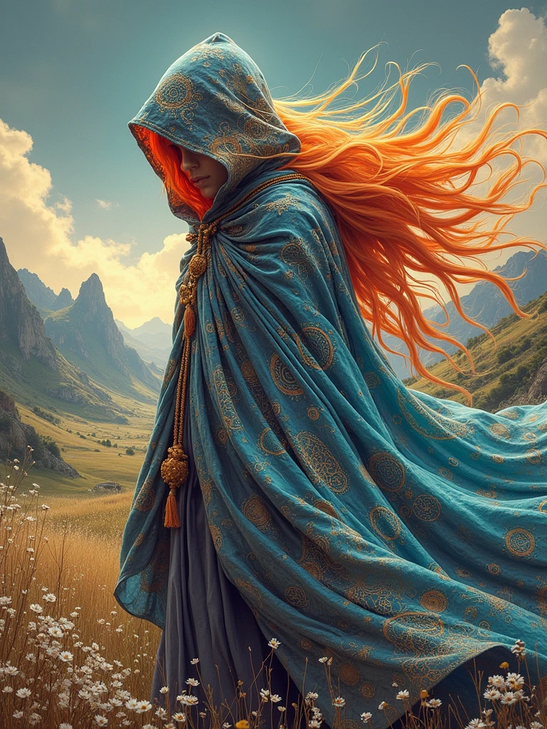 A figure draped in a mysterious, flowy cloak that is adorned with intricate patterns and designs stands as the centerpiece of this image. The figure's identity is hidden beneath the hood of the cloak, magnifying the sense of mystery. The cloak is imbued with vibrant, luminescent colors that seem to glow against the serene landscape background, creating an image that looks like an animated masterpiece. Contrasting colors and textures give a sense of intrigue and wonder. A dreamlike landscape frames the figure; its ethereal quality intertwining magic and enchantment. The figure has long, windswept orange hair, adding to the scene's dynamic movement as if stirred by a gentle breeze. This composition is inspired by fantasy art and surrealism, making it a compelling feast for the eyes.