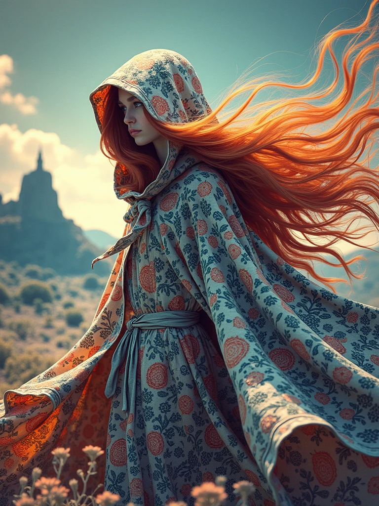 A figure draped in a mysterious, flowy cloak that is adorned with intricate patterns and designs stands as the centerpiece of this image. The figure's identity is hidden beneath the hood of the cloak, magnifying the sense of mystery. The cloak is imbued with vibrant, luminescent colors that seem to glow against the serene landscape background, creating an image that looks like an animated masterpiece. Contrasting colors and textures give a sense of intrigue and wonder. A dreamlike landscape frames the figure; its ethereal quality intertwining magic and enchantment. The figure has long, windswept orange hair, adding to the scene's dynamic movement as if stirred by a gentle breeze. This composition is inspired by fantasy art and surrealism, making it a compelling feast for the eyes.