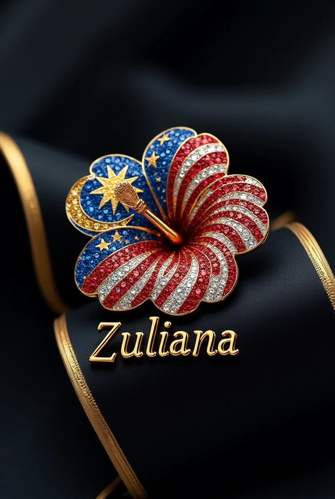 Brooch hibiscus shape, diamonds malaysian flag, ZULIANA in capital gold letter, in black ribbon, gold lining, under brooch