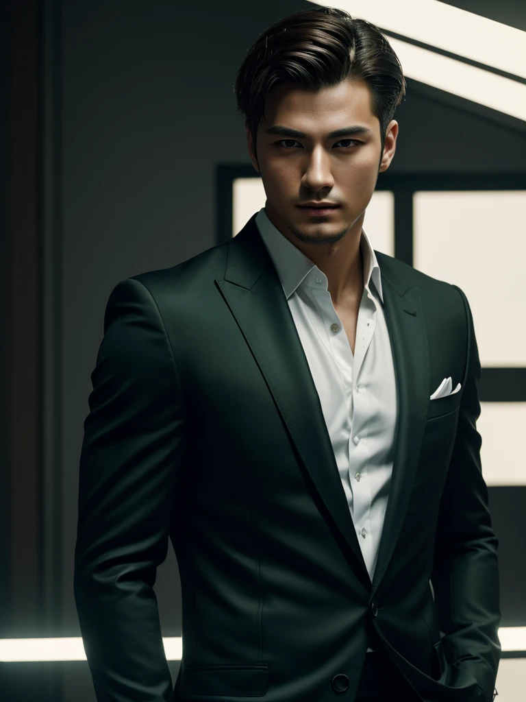 ((masterpiece)), ((best quality:1.2)), high resolution, 8k, (ultra_realistic:1.3), (photorealistic:1.4), (absurdres), sharp focus, highly detailed, (high quality), (masterpiece), handsome man, 25 year-old. Korean, 2,
normosthenic, black suit, green eyes, muscular, full body, dark light, front light, rim light. Mafia boss aesthetic. Rich billionaire boyfriend.