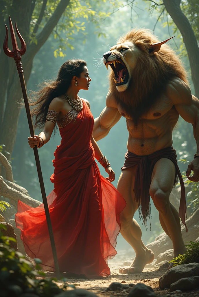 (photorealism:1.2), beautiful angry woman  with fair skin and wearing sari and killing a demon with horns by a trident and a angry lion standing  with the woman and the demon wearing a dhoti and angry face
