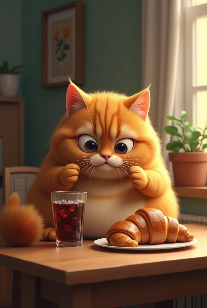 a fat orange cat crying while eating a croissant with a glass of soda on the side