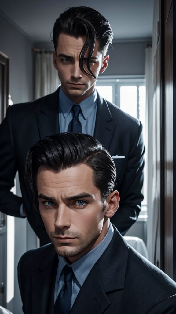 Détective 1950 homme cheveux courts noirs aux yeux bleus