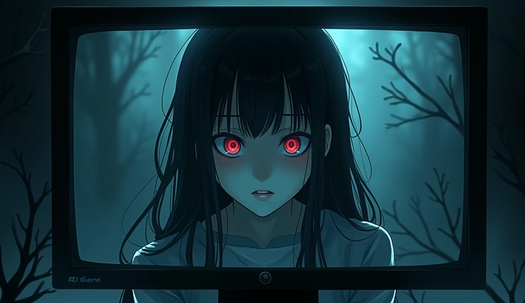 (best quality, masterpiece, ultra detailed), (anime:1.5)、mysterious、Suspenseful Tone、Dark tones and shadows、A little creepy atmosphere、Surrealism、Dark fantasy、A woman on the monitor is looking at me with an evil expression, pleading for something.