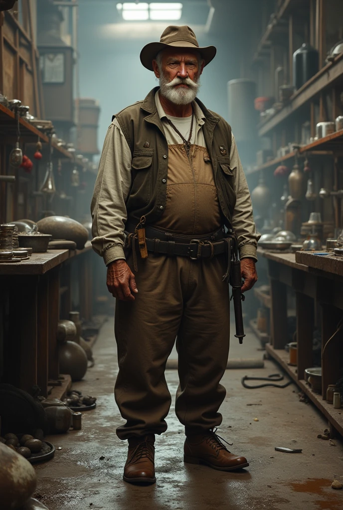 old man, macular, good looking, wearing dirty white Henley, brown cotton waist coat, dark brown jacket, blue jeans, worker style, white mustache, working hat, inside glass factory, standing on the floor, leather shoes, rugged clothes, only mustache, no beard