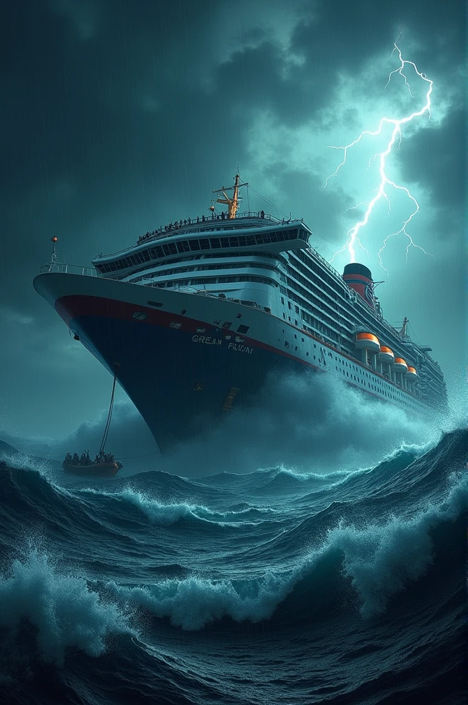 A Cruise ferry called MS Great Filipino sinking in a storm at night with rogue waves