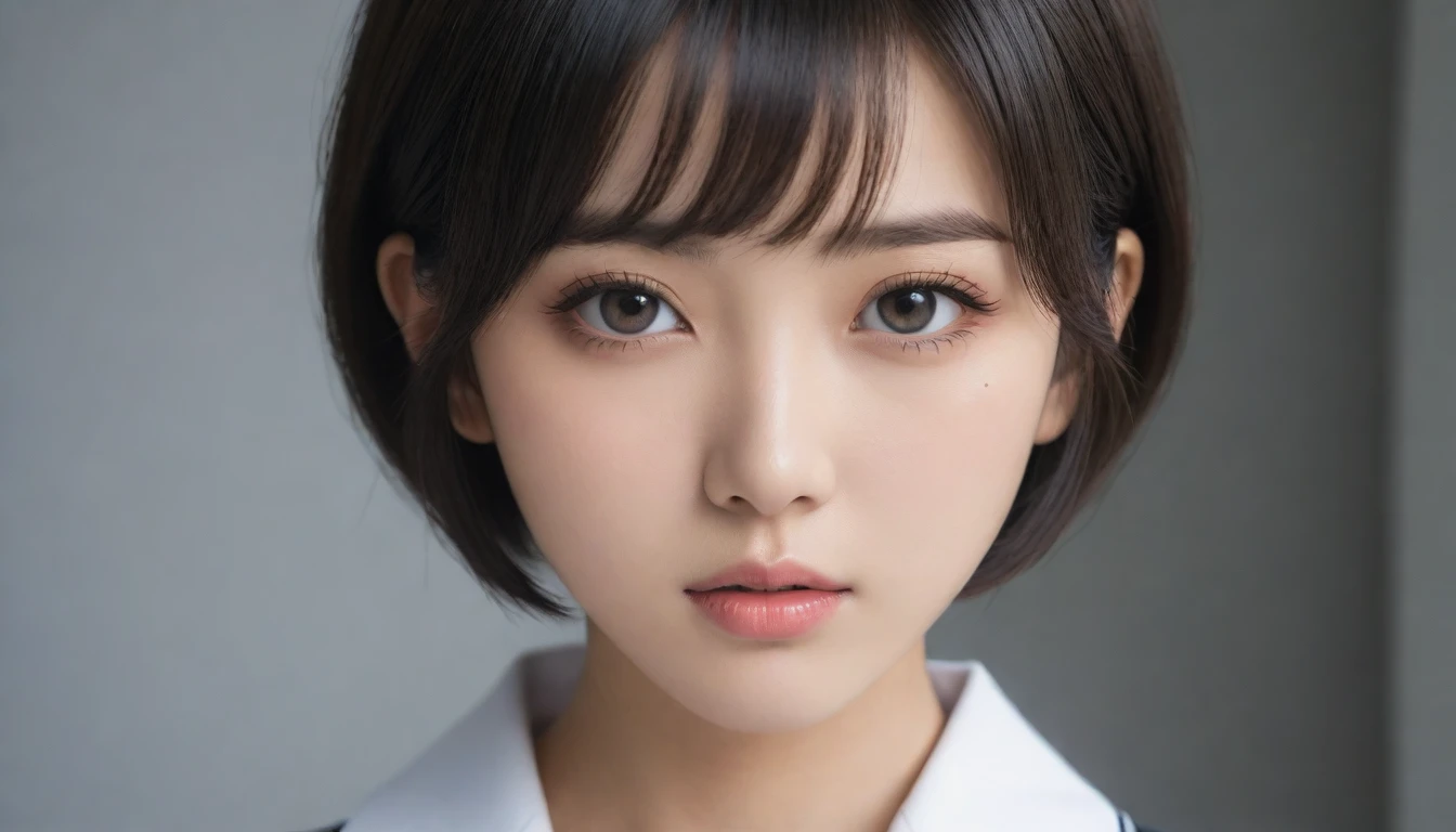 8k, Ultra-high resolution, Highest quality, masterpiece, 三分割法によるphotograph,Surreal, photograph,One Woman, (:1.3), cute, cute顔, 細部までBeautiful Eyes, 細かくdetailedに,masterpiece,One Girl:1.2,Japanese women,kindergarten,close up,glaring,Black short hair,Bowl cut,ID photo,(kindergarten uniforms:1.3),Eccentric,Future City,white collar,((Fusion of humans and androids))(Beautiful attention to detail),Subtle details, detailedな顔,anger,Attractive eyes,(ポートレートphotograph:1.4),(Photorealistic images:1.4),Fantasy art,(Beautiful Face:1.4),美しくAttractive eyes、Beautiful Eyes,Silver residue,(Tight waist:1.4)、(Beautiful with perfect body proportions:1.4),Pink Lips,profile,(((Ideal body type))),A-cup small breasts :2,、Portraiture:2、Perfect Anatomy、鮮明なdetailed、detailed,Fashion magazine cover,Thin lips,完璧でBeautiful Face ,完璧でcute顔, Skin with attention to detail, Perfect limbs、Narrow waist,Surreal,Light and shadow,spotlight