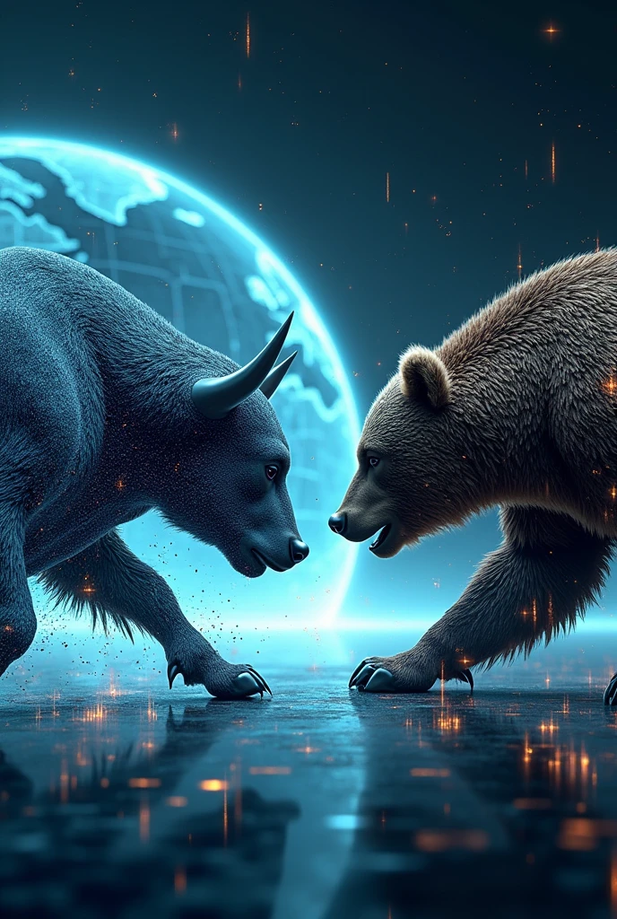 Digital Bull vs bear with digital globe of stock market
