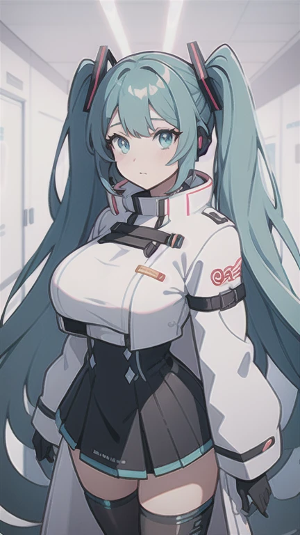 Anime girl with long hair and white coat standing in a hallway., girls frontline style, of frontline girls, de Arknights, portrait anime girl space cadet, cute anime girl, visual anime of a cute girl, silver hair girl, an anime girl, anime mecha aesthetic, anime aesthetic, beautiful animated portrait, anime girl portrait, cute anime girl, beautiful anime girl, huge big detailed breasts, Hatsune Miku busty,