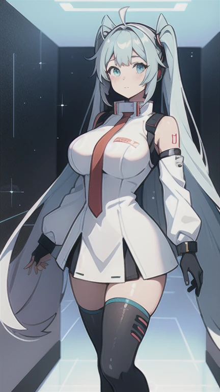 Anime girl with long hair and white coat standing in a hallway., girls frontline style, of frontline girls, de Arknights, portrait anime girl space cadet, cute anime girl, visual anime of a cute girl, silver hair girl, an anime girl, anime mecha aesthetic, anime aesthetic, beautiful animated portrait, anime girl portrait, cute anime girl, beautiful anime girl, huge big detailed breasts, Hatsune Miku busty,