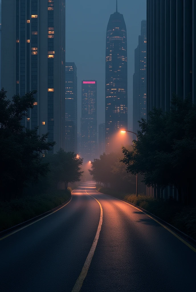 A path of a empty road in middle of city at night 