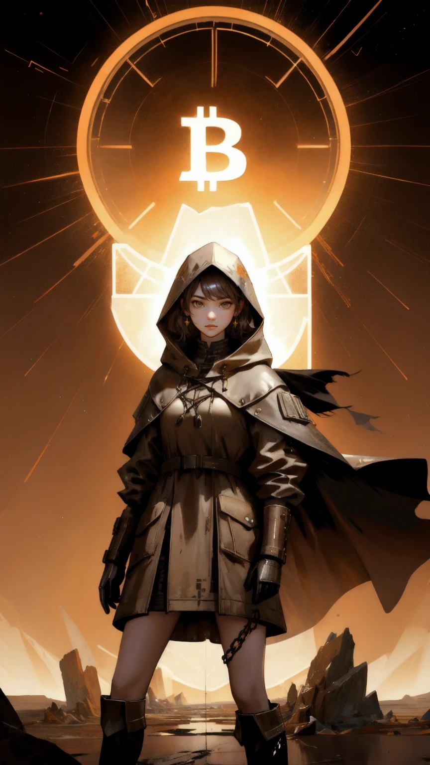 Epic illustration of a beautiful, fierce girl with a glowing Bitcoin symbol on her face, emerging from the ground with cracked, earth-covered arms and legs. She wears a hooded jacket, and the background features a brown, cracked earth landscape with digital Bitcoins floating around her. The ground beneath her is crumbling, with chains and coins falling into a chasm. Incorporate the keyword 'Mt. Gox Survivors' subtly into the design, with a strong emphasis on the brown color palette."