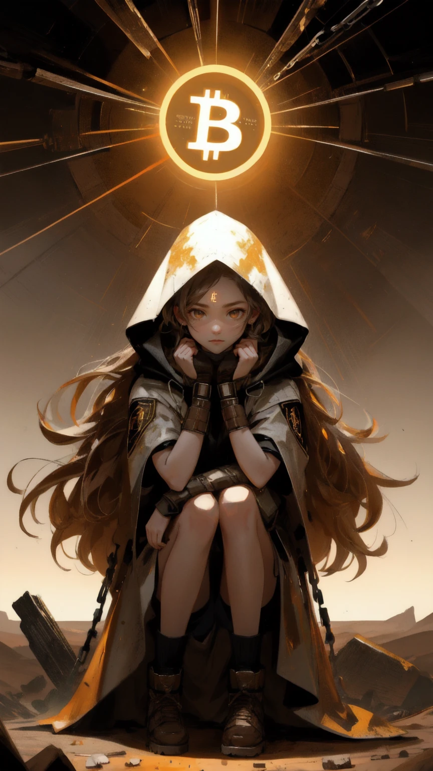 Epic illustration of a beautiful, fierce girl with a glowing Bitcoin symbol on her face, emerging from the ground with cracked, earth-covered arms and legs. She wears a hooded jacket, and the background features a brown, cracked earth landscape with digital Bitcoins floating around her. The ground beneath her is crumbling, with chains and coins falling into a chasm. Incorporate the keyword 'Mt. Gox Survivors' subtly into the design, with a strong emphasis on the brown color palette."