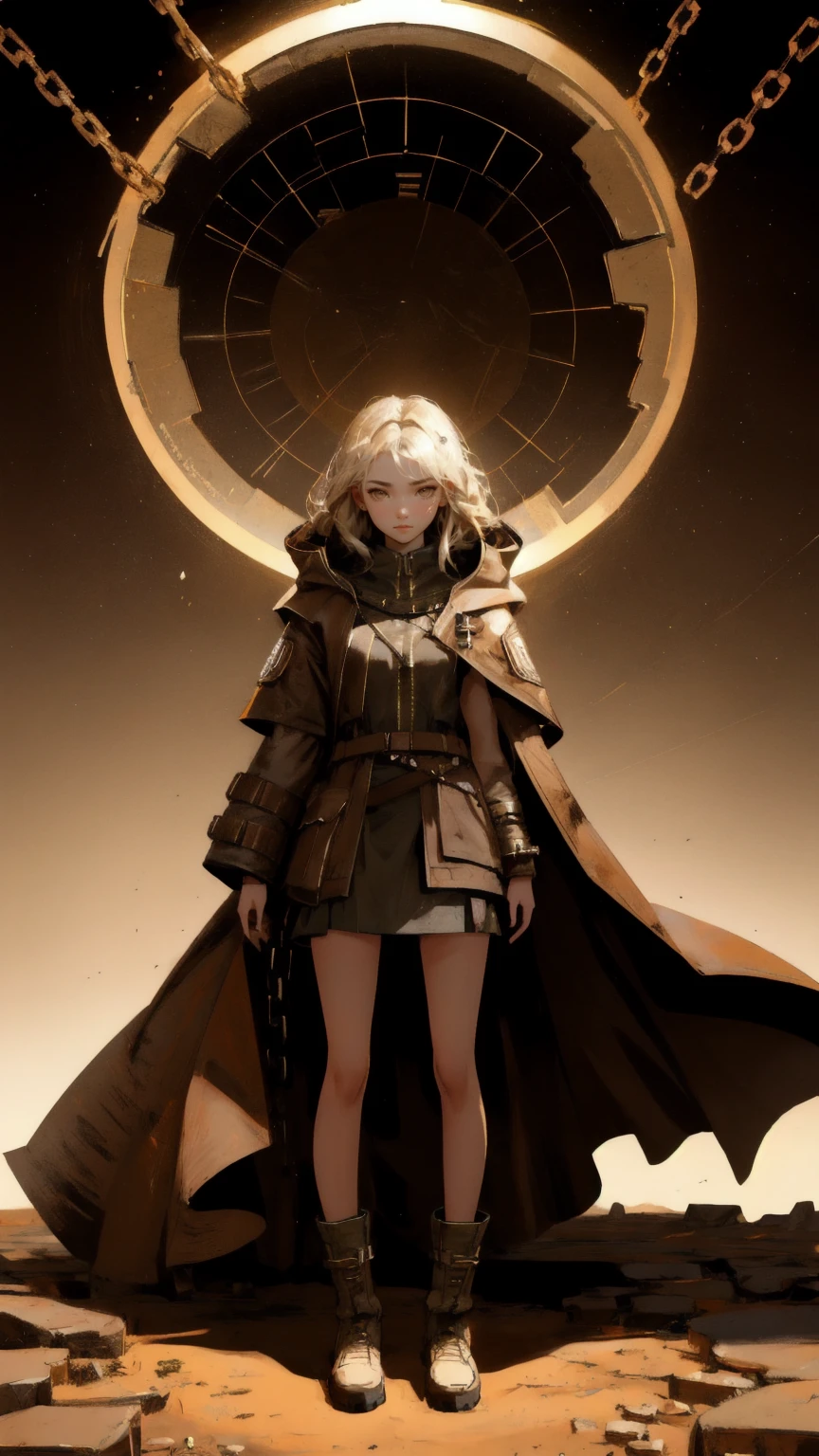 Epic illustration of a beautiful, fierce girl with a glowing Bitcoin symbol on her face, emerging from the ground with cracked, earth-covered arms and legs. She wears a hooded jacket, and the background features a brown, cracked earth landscape with digital Bitcoins floating around her. The ground beneath her is crumbling, with chains and coins falling into a chasm. Incorporate the keyword 'Mt. Gox Survivors' subtly into the design, with a strong emphasis on the brown color palette."
