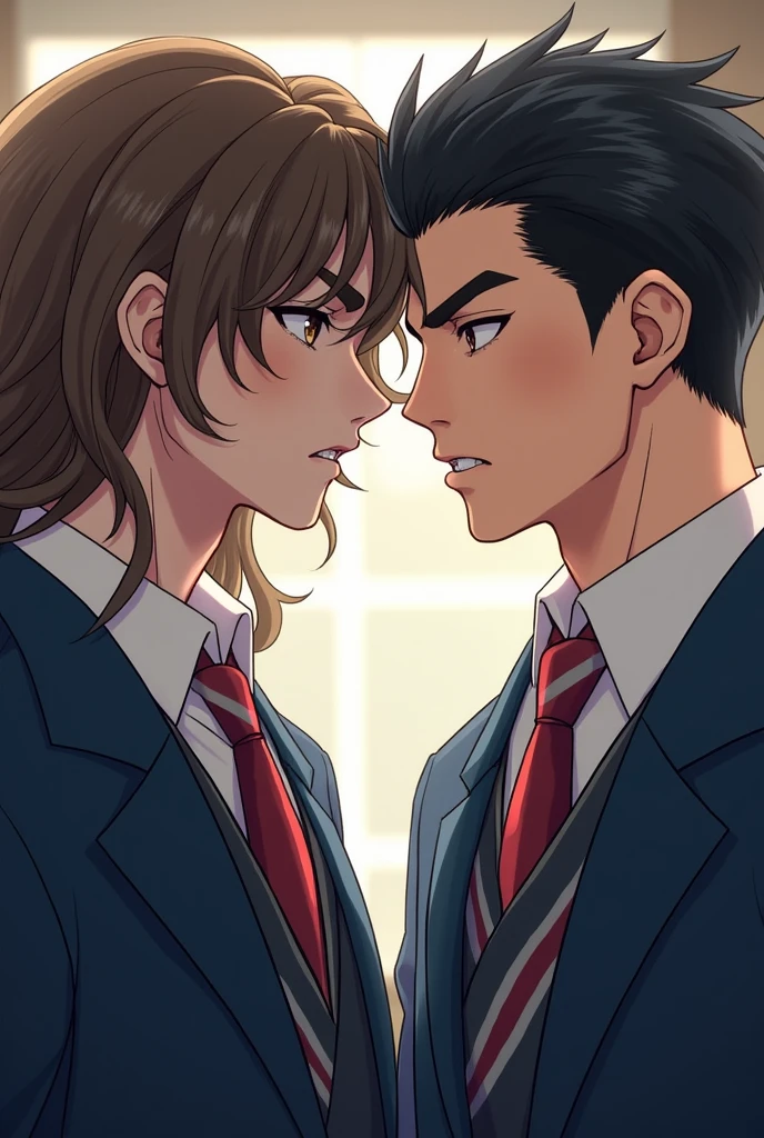 image of 2 gentlemen in their school uniform white long sleeves with red and blue striped neck tie and dark blue blazer. one on the right has short gelled up black hair, brown eye, chiseled jaw and diamond shaped face well build, a height of 6'1 feet and has olive skin tone, he's italian-german. the other one on the right has long length to neck wavy brown hair, hazel eye, soft chiseled heart shape face, a height of 5'10 feet, he's italian and has light olive skin. both of them on side view looking at each other angrily