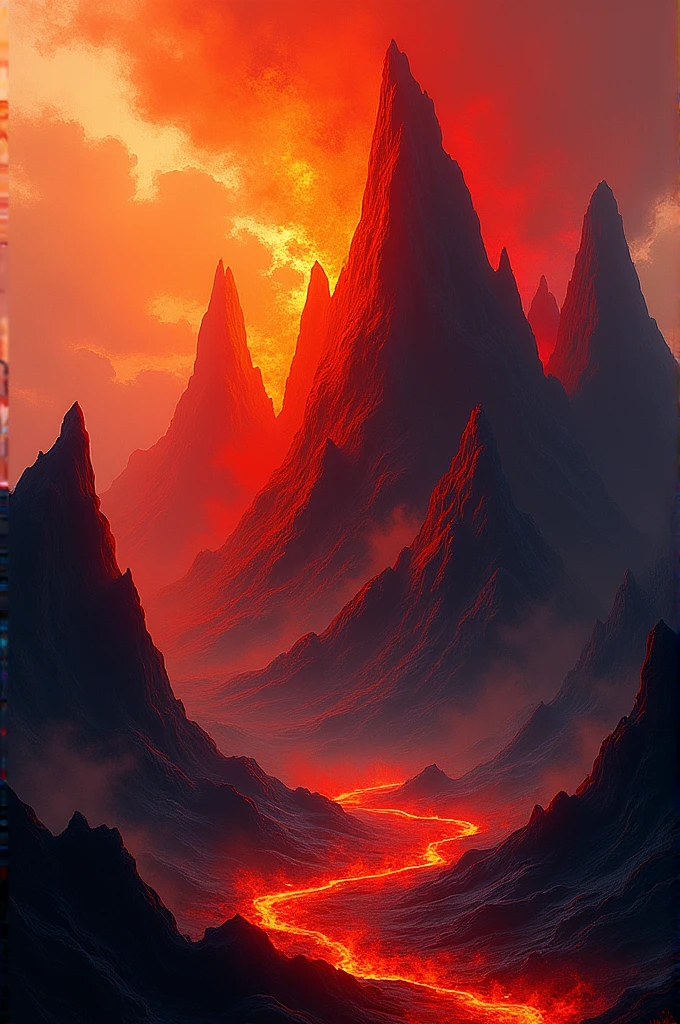 Design an abstract representation of volcanic mountains using intense reds and fiery shapes