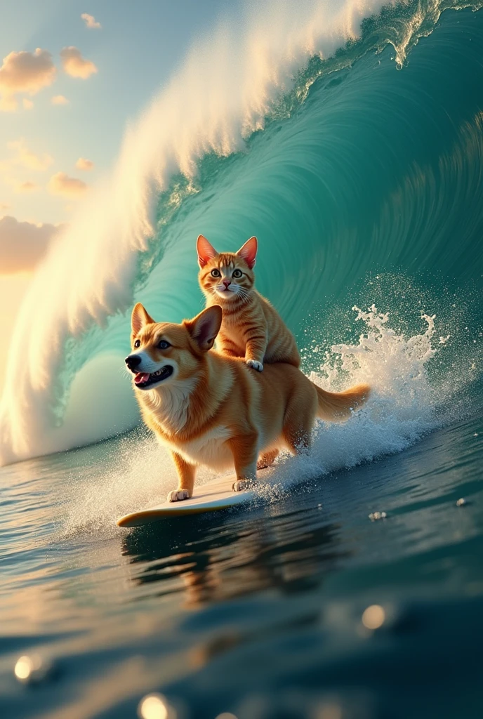 Type: Ultrarealistic, Cinematic
Subject: A corgi-golden retriever mix dog and a cat surfing together on a massive, towering wave. The dog is at the front of the surfboard, paws firmly planted, with an expression of sheer excitement and determination. The cat, clinging onto the dog’s back, has wide, awe-filled eyes, with a mix of thrill and slight fear as they navigate the enormous wave. Their fur is tousled by the wind and water spray, adding to the dynamic movement of the scene.
Environment: A vast ocean with a giant, curling wave about to crash. The sun is setting on the horizon, casting dramatic golden light across the scene. Water spray and reflections enhance the vibrant, intense atmosphere.
Art Style: Photorealistic with a focus on the textures of the dog’s fur, the cat’s expression, the surfboard, and the water. The motion of the wave and the dynamic poses of the animals convey an epic sense of scale and energy.
Lighting: Golden-hour lighting from the setting sun, creating dramatic contrasts and warm highlights on the fur and water.
Camera: Wide-angle shot, capturing the full scale of the wave and the intensity of the duo's ride, with a focus on their expressive faces and the movement of the wave.
Resolution: 4K, high-definition, ensuring sharp details in the fur, water droplets, and the overall cinematic composition.
{Ultrarealistic corgi-golden retriever mix dog and cat surfing a giant wave, cinematic, photorealistic, high-definition, wide-angle shot}