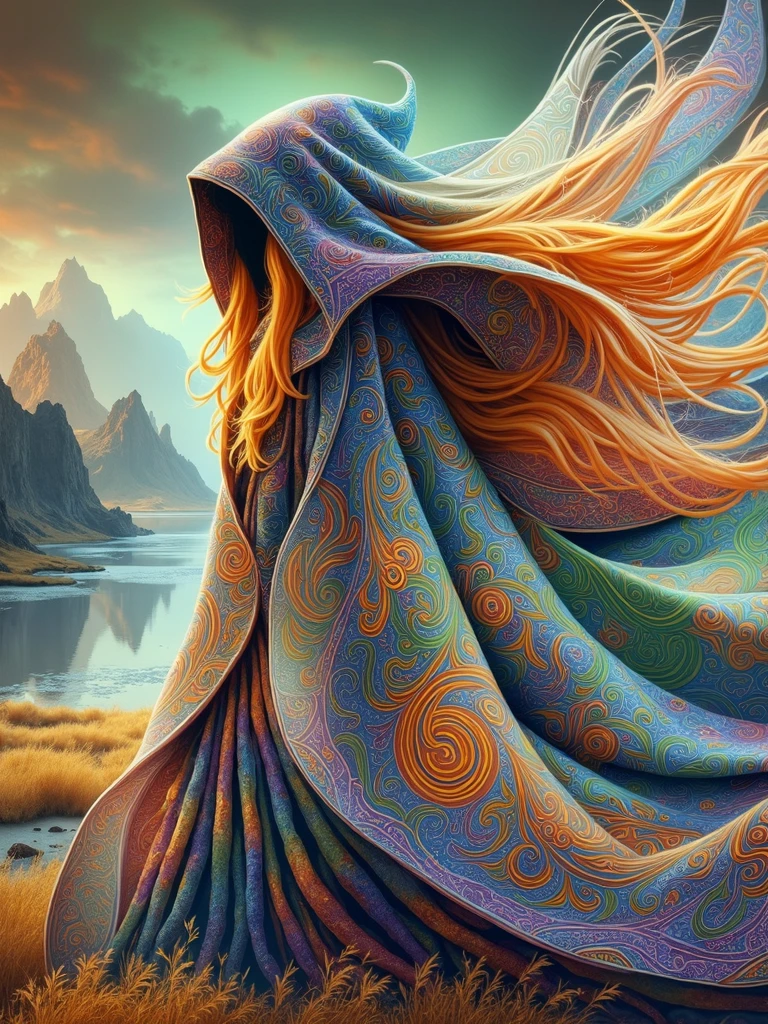 A figure draped in a mysterious, flowy cloak that is adorned with intricate patterns and designs stands as the centerpiece of this image. The figure's identity is hidden beneath the hood of the cloak, magnifying the sense of mystery. The cloak is imbued with vibrant, luminescent colors that seem to glow against the serene landscape background, creating an image that looks like an animated masterpiece. Contrasting colors and textures give a sense of intrigue and wonder. A dreamlike landscape frames the figure; its ethereal quality intertwining magic and enchantment. The figure has long, windswept orange hair, adding to the scene's dynamic movement as if stirred by a gentle breeze. This composition is inspired by fantasy art and surrealism, making it a compelling feast for the eyes.