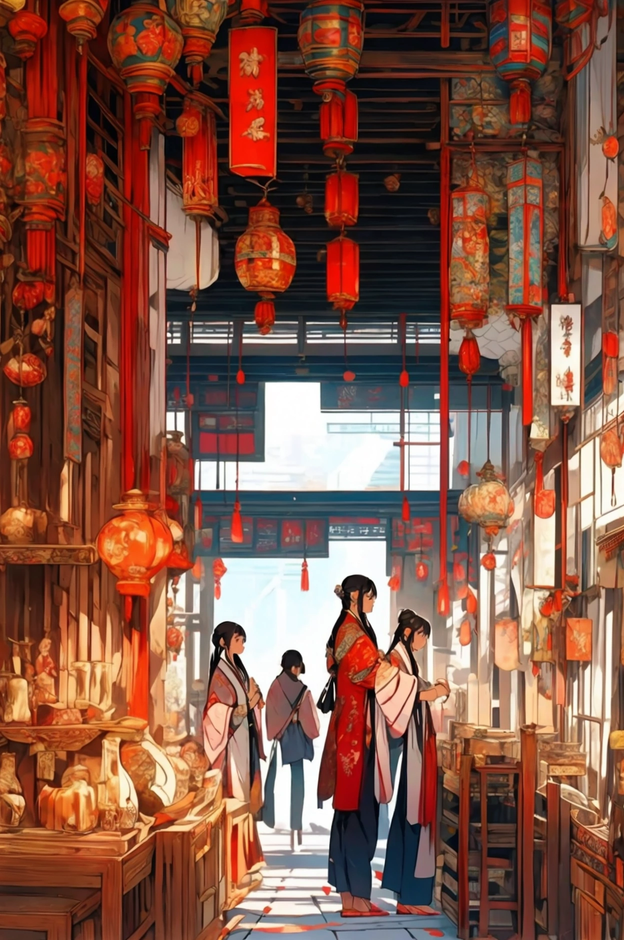 Silver accessories lined up on the shelves, Asian goods, An illustration, Inside the stylish wooden shop