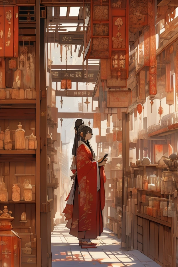 Silver accessories lined up on the shelves, Asian goods, An illustration, Inside the stylish wooden shop
