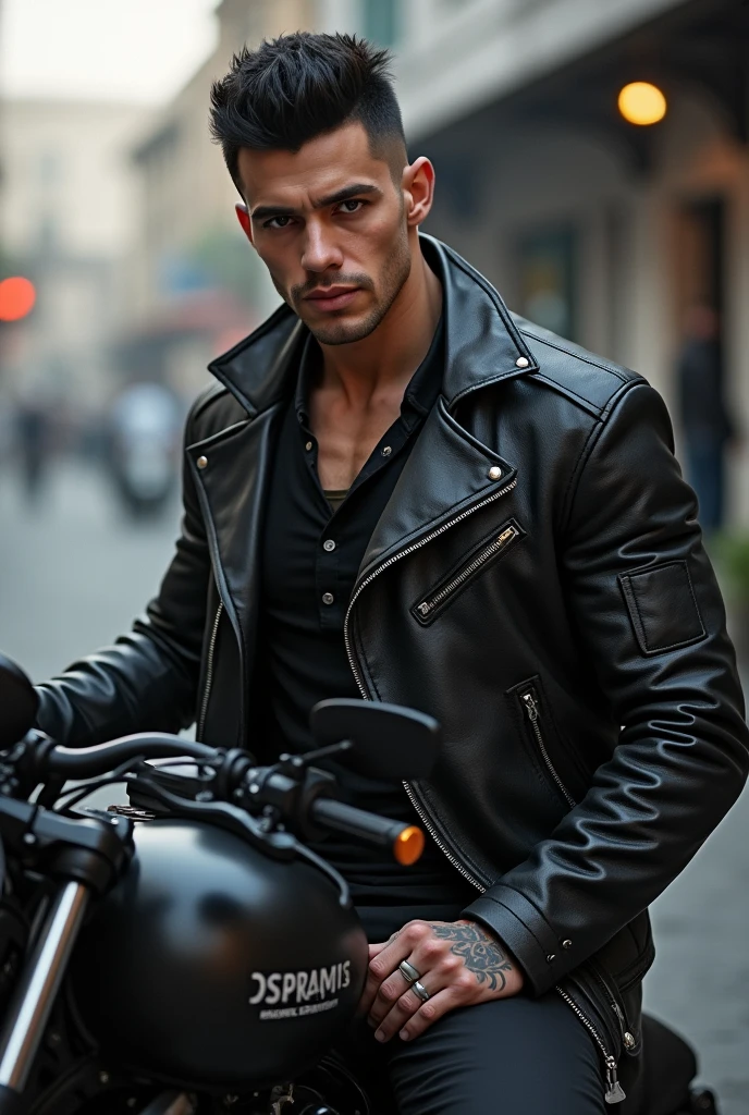 A clean handsome man, a biker, gives the vibe of a  bad boy, 2, black hair white skin, muscular toned body but not bulgy 