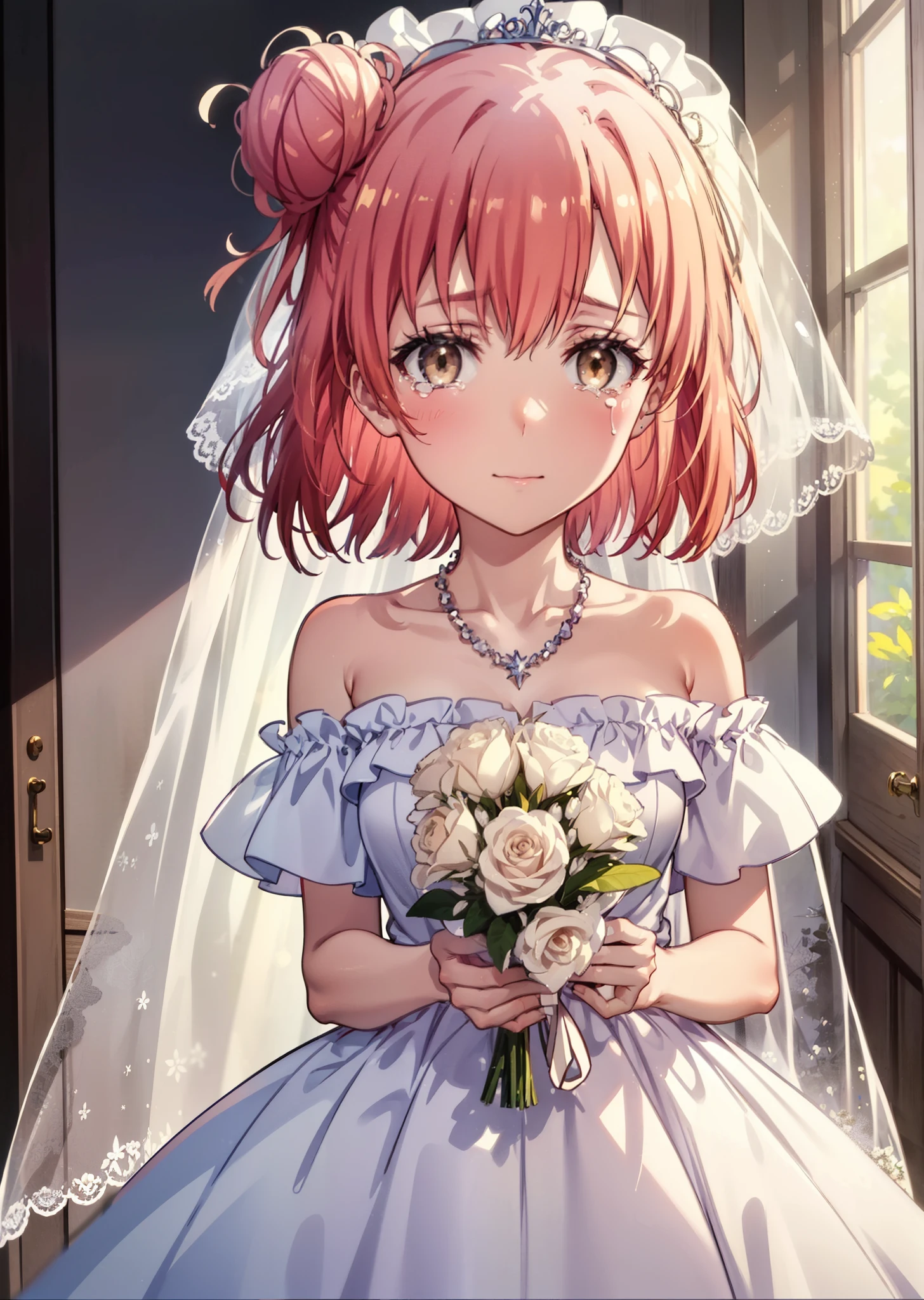 yuiyuigahama, yui yuigahama, Long Hair, (Brown eyes:1.5), (Pink Hair:1.2), Hair Bun, single Hair Bun, Tears stream down her face,Tears of joy,I cry a lot,Big Breasts,smile,blush,Close your mouth,off the shoulder red wedding dress,necklace,Expose your shoulders,bare clavicle,Bare neck,Red wedding long skirt,Veil,bouquet,Holding a bouquet in both hands,Stained glass,whole bodyがイラストに入る, break indoors, Chapel,Association,
break looking at viewer, whole body,(Cowboy Shot:1.5),
break (masterpiece:1.2), Highest quality, High resolution, unity 8k wallpaper, (shape:0.8), (Beautiful attention to detail:1.6), Highly detailed face, Perfect lighting, Highly detailed CG, (Perfect hands, Perfect Anatomy),