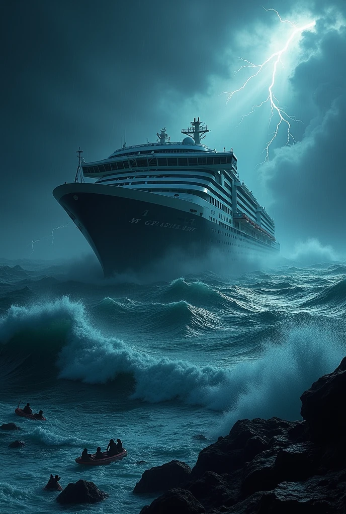 A Cruise ferry called MS Great Filipino sinking in a storm at night with rogue waves