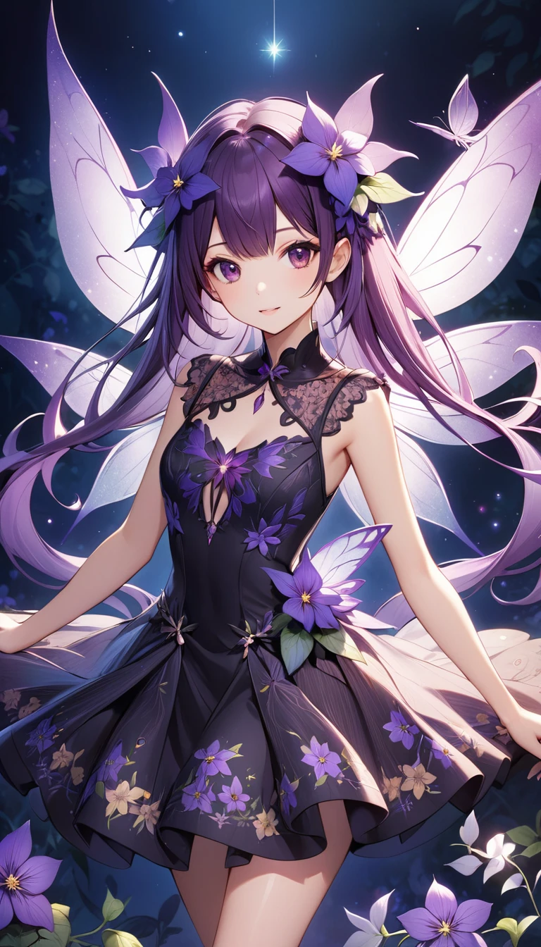 Mystical Nightshade Fairy: A fairy with wings patterned like nightshade flowers, wearing a coquette dress with dark, floral motifs.