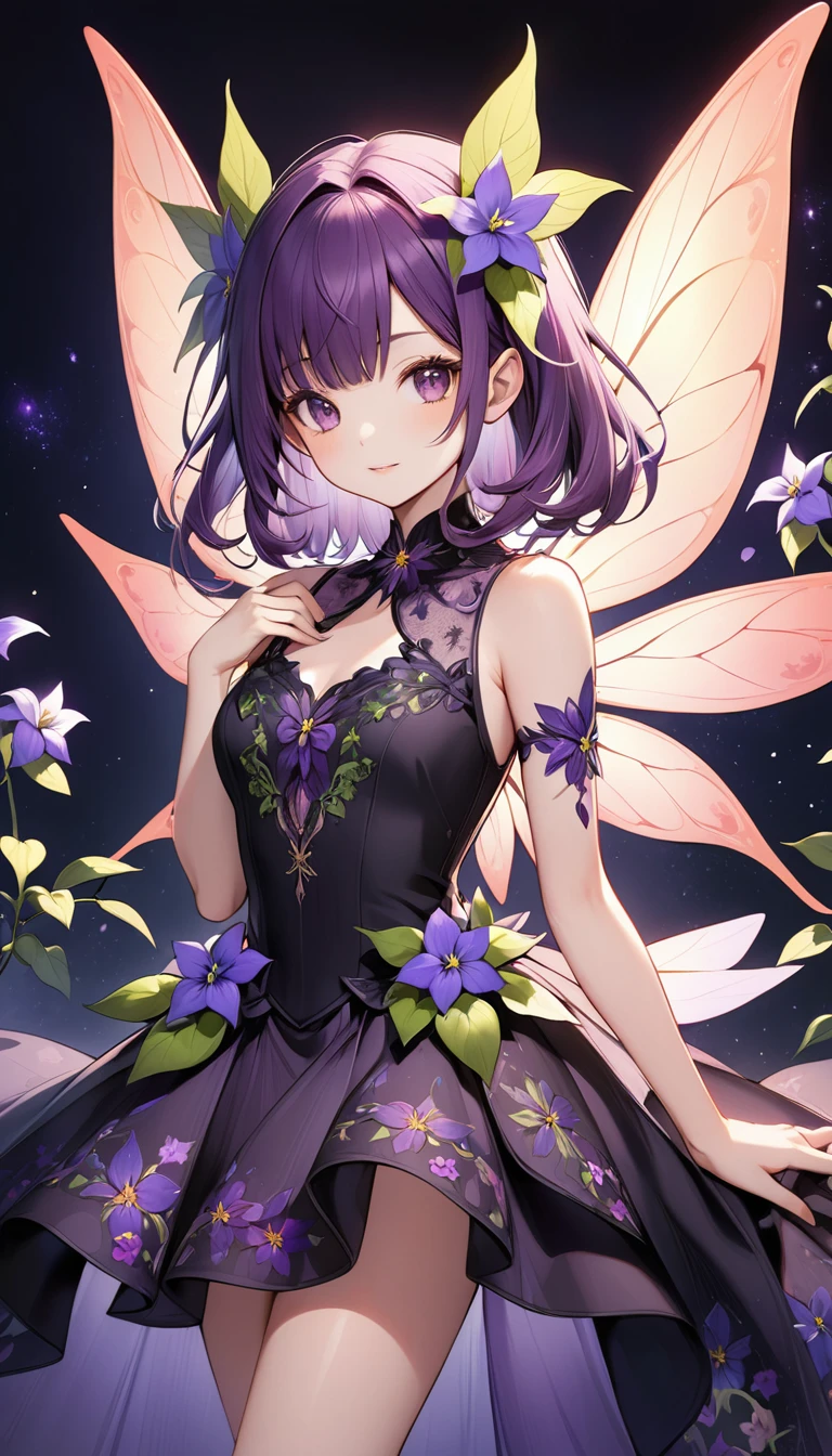 Mystical Nightshade Fairy: A fairy with wings patterned like nightshade flowers, wearing a coquette dress with dark, floral motifs.