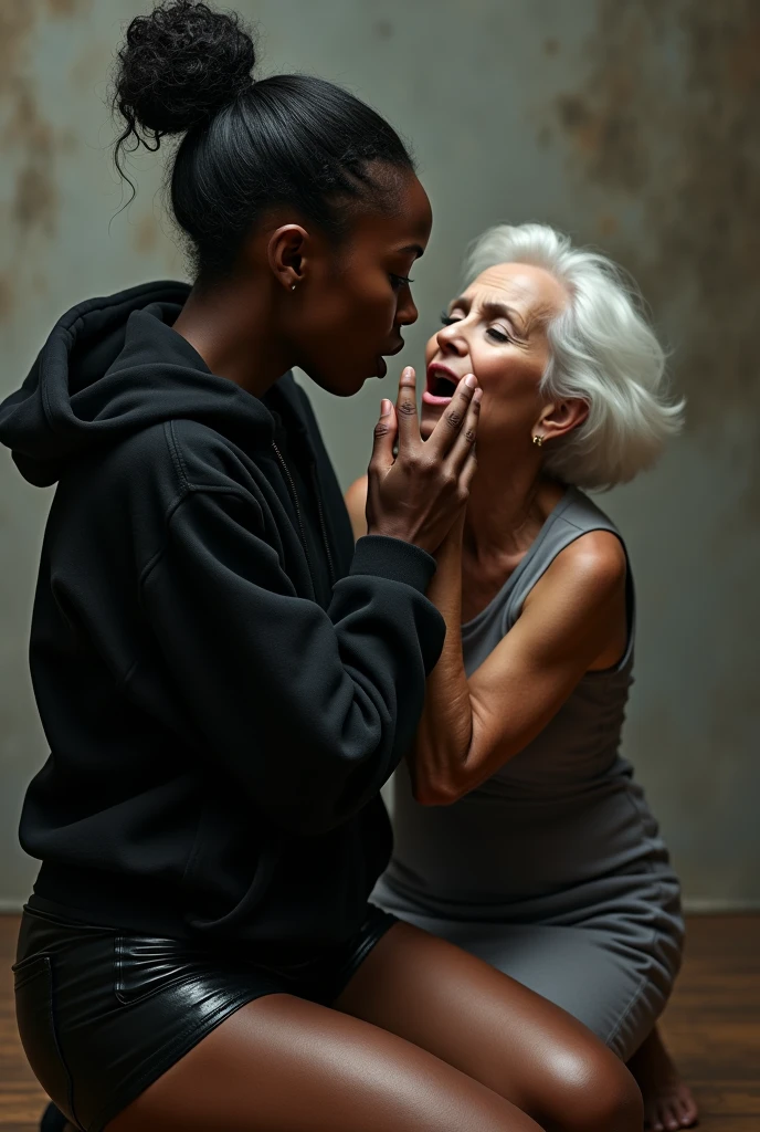 black woman hair in a bun black hoodie shiny black leather short shorts pockets in shock as a old grandma in a dress on her knees kissing her ass behind her hand is in her ass holding her ass 