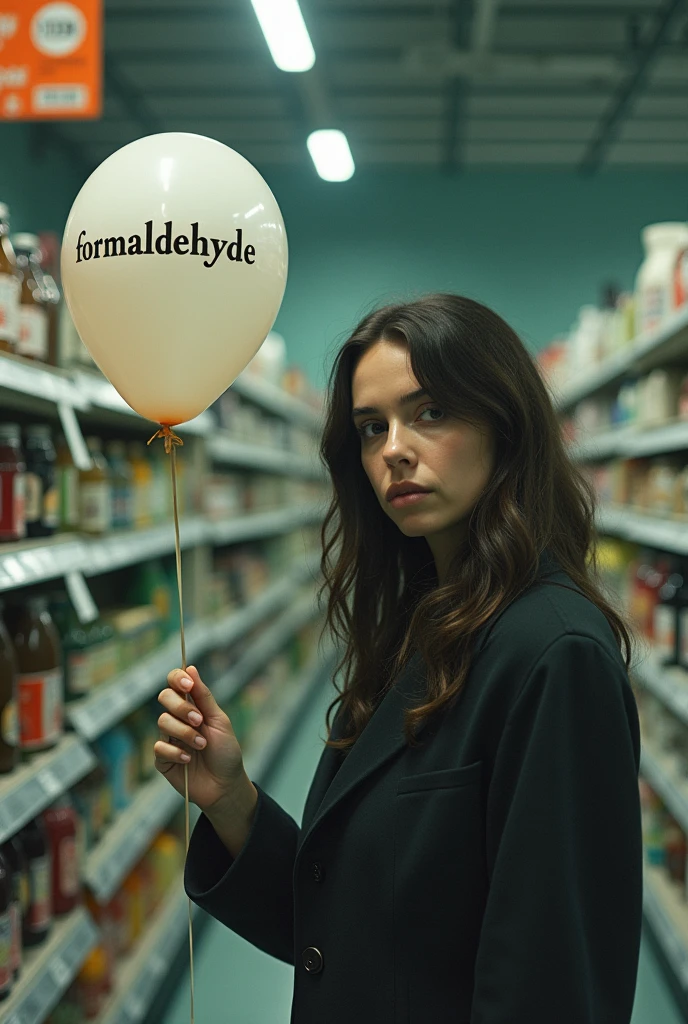 Now a woman with a thoughtful face and a balloon with the word formaldehyde written on it with a head . Next to a milk jug in the supermarket 
