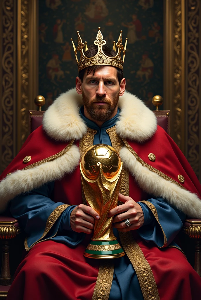 Messi as a king sitting  with his worldcup inhis hand