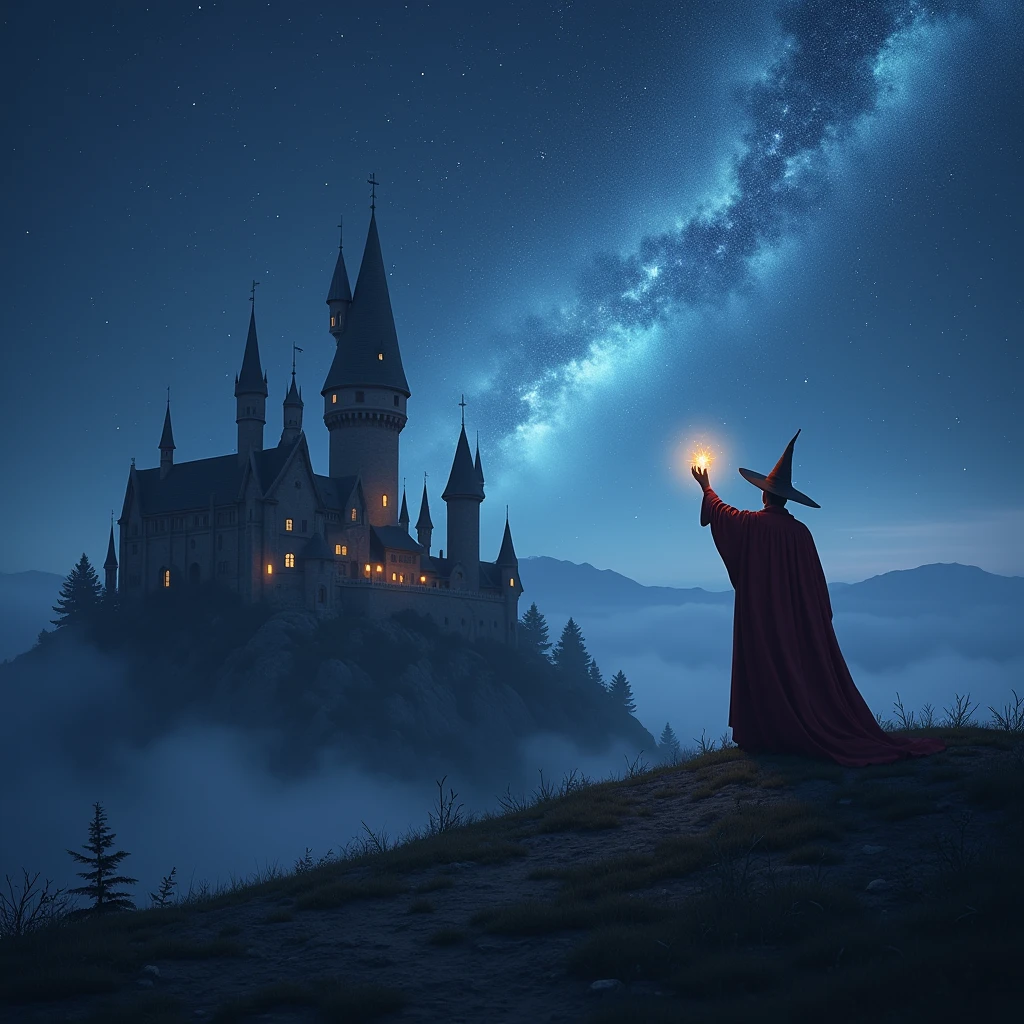 meteor shower to the castle, a wizard raise his hand on the hill,